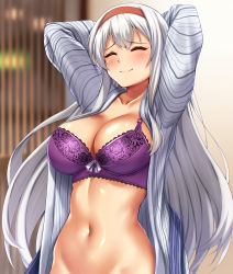 Rule 34 | 1girl, ^ ^, absurdres, arms behind head, arms up, blush, bra, breasts, cleavage, closed eyes, commentary request, hairband, highres, indoors, kantai collection, large breasts, long hair, long sleeves, navel, open clothes, open shirt, purple bra, red hairband, shirt, shoukaku (kancolle), smile, solo, stomach, underwear, upper body, very long hair, white hair, white shirt, zanntetu