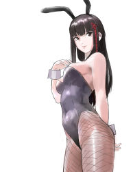 Rule 34 | 1girl, absurdres, alternate costume, arm behind back, black eyes, black hair, black leotard, breasts, closed mouth, fishnet pantyhose, fishnets, hair ribbon, hand on own chest, highres, leotard, letro, long hair, medium breasts, pantyhose, persona, persona 5, playboy bunny, red ribbon, ribbon, simple background, solo, tougou hifumi, white background, wrist cuffs