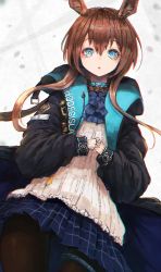 Rule 34 | 1girl, amiya (arknights), animal ears, arknights, ascot, black pantyhose, blue ascot, blue collar, blue eyes, blue skirt, brown hair, clothes writing, collar, cowboy shot, dutch angle, gluteal fold, hair between eyes, highres, hood, hood down, hooded jacket, jacket, jewelry, long hair, long sleeves, looking at viewer, material growth, multiple rings, neck ring, nyucha, open clothes, open jacket, oripathy lesion (arknights), own hands together, pantyhose, parted lips, plaid, plaid skirt, pleated skirt, ponytail, rabbit ears, ring, shirt, sidelocks, simple background, skirt, smile, solo, thighlet, white background, white shirt
