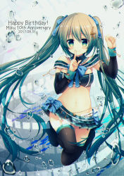 Rule 34 | 1girl, azu torako, black thighhighs, blue bow, blue eyes, blush, bow, breasts, brown hair, character name, closed mouth, dated, detached sleeves, hair bow, hair ornament, happy birthday, hatsune miku, index finger raised, long hair, looking at viewer, medium breasts, microskirt, musical note, musical note hair ornament, navel, skirt, smile, solo, thighhighs, twintails, very long hair, vocaloid