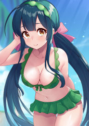 Rule 34 | 1girl, ahoge, arm behind back, beach, bikini, bikini skirt, blue hair, blunt bangs, blush, bow, breasts, brown eyes, cleavage, closed mouth, collarbone, commentary request, cowboy shot, day, gradient hair, green bikini, green hair, green hairband, hair bow, hairband, hand up, highres, large breasts, leaning forward, long hair, looking at viewer, multicolored hair, navel, outdoors, pink bow, smile, solo, standing, swimsuit, tenneko yuuri, touhoku zunko, very long hair, voiceroid