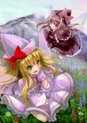 Rule 34 | absurdres, blonde hair, bow, green eyes, hat, highres, lily black, lily white, myero, red eyes, smile, touhou, wings