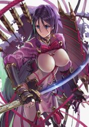 Rule 34 | 1girl, arm guards, armor, arrow (projectile), black gloves, blue eyes, bodysuit, bow (weapon), breasts, covered navel, elbow gloves, covered erect nipples, fate/grand order, fate (series), fingerless gloves, floral print, fundoshi, gloves, holding, holding weapon, japanese armor, japanese clothes, katana, large breasts, long hair, looking to the side, minamoto no raikou (fate), purple hair, purple shirt, ribbed sleeves, rope, sheath, shirt, solo, sword, tassel, turtleneck, very long hair, weapon, yahako