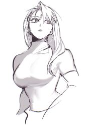 Rule 34 | 1girl, absurdres, breasts, fullmetal alchemist, greyscale, hair between eyes, hair down, hair over shoulder, highres, large breasts, long hair, looking to the side, monochrome, ozaki (tsukiko3), parted lips, riza hawkeye, shirt, short sleeves, sketch, solo, swept bangs, tight clothes, tight shirt, toned, turtleneck, upper body, white background