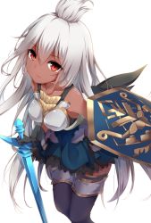 Rule 34 | 10s, 1girl, absurdres, ahoge, amane tari, armor, armored dress, black gloves, black thighhighs, closed mouth, collarbone, dark-skinned female, dark skin, dress, eyebrows, gloves, granblue fantasy, hair between eyes, highres, holding, holding shield, holding sword, holding weapon, long hair, looking at viewer, pink lips, red eyes, shield, simple background, solo, sword, thigh strap, thighhighs, very long hair, weapon, white background, white hair, zooey (granblue fantasy)