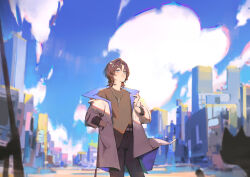 Rule 34 | 1boy, belt, black pants, black shirt, blue eyes, blue jacket, blue sky, blurry, blurry background, brown hair, building, cat, closed mouth, cloud, cloudy sky, copyright request, day, hand in pocket, indie utaite, jacket, jewelry, key, key necklace, male focus, multicolored clothes, multicolored jacket, necklace, open clothes, open jacket, outdoors, pants, shirt, shirt partially tucked in, sky, solo, standing, te (tenmoom), unnamed (utaite), utaite, white jacket