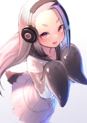 Rule 34 | 1girl, :d, akuma (st.takuma), collarbone, commentary, forehead jewel, giant penguin (kemono friends), gradient background, grey background, grey hair, headphones, highres, kemono friends, long hair, looking at viewer, open mouth, pleated skirt, red eyes, simple background, skirt, smile, solo, tail, white skirt