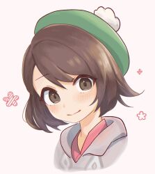 Rule 34 | 1girl, blush, brown eyes, brown hair, cardigan, closed mouth, commentary request, creatures (company), dress, flower (symbol), game freak, gloria (pokemon), green hat, grey cardigan, hat, highres, looking at viewer, nintendo, pink dress, pokemon, pokemon swsh, short hair, simple background, smile, solo, tam o&#039; shanter, upper body, usagi mochi (nsi 0012), white background