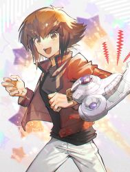 Rule 34 | 1boy, :d, aoki (fumomo), black shirt, brown eyes, brown hair, card, duel academy uniform (yu-gi-oh! gx), duel disk, hair between eyes, highres, jacket, long sleeves, looking at viewer, male focus, medium hair, multicolored hair, open clothes, open jacket, open mouth, pants, red jacket, shirt, smile, solo, two-tone hair, white pants, yu-gi-oh!, yu-gi-oh! gx, yuki judai