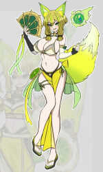 Rule 34 | 1girl, :d, absurdres, adapted costume, alternate breast size, animal ears, arm strap, asymmetrical gloves, bare shoulders, bikini, black bikini, blonde hair, breasts, bridal gauntlets, chinese commentary, cleavage, collarbone, commentary request, duel monster, floating, floating object, fox ears, fox girl, fox tail, full body, gloves, green eyes, green hair, green nails, hair between eyes, hand fan, highres, holding, holding fan, hu-li the jewel mikanko, large breasts, layered bikini, looking at viewer, mismatched bikini, multicolored hair, nail polish, navel, open mouth, pelvic curtain, sandals, see-through, short hair with long locks, showgirl skirt, sidelocks, smile, standing, standing on one leg, stomach, streaked hair, swimsuit, tail, teeth, thigh strap, upper teeth only, yellow bikini, yu-gi-oh!, yutou yutou yu, zoom layer