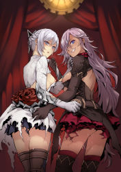 Rule 34 | 2girls, ass, blue eyes, blush, braid, breasts, breasts out, cinderella (sinoalice), clenched teeth, cowboy shot, curtains, french braid, from behind, grabbing another&#039;s hair, hair over one eye, indoors, legs, legs apart, legs together, long hair, looking back, medium breasts, mibry (phrysm), multiple girls, nipples, parted lips, purple hair, pussy juice, pussy juice trail, red skirt, sideboob, sinoalice, skirt, small breasts, smile, snow white (sinoalice), standing, sweat, teeth, thighs, torn clothes, wavy hair, wet, white hair