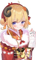 Rule 34 | 1girl, alternate costume, alternate hairstyle, blonde hair, blush, commentary request, double bun, hair bun, hat, highres, hololive, horns, japanese clothes, kimono, looking at viewer, lottery ticket, namaonpa, omikuji, sheep horns, simple background, smile, smug, solo, tsunomaki watame, tsunomaki watame (new year), virtual youtuber, white background
