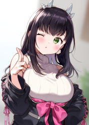 Rule 34 | 1girl, ;o, bare shoulders, black hair, black jacket, blurry, blurry background, blush, bow, breasts, commentary request, depth of field, green eyes, grey bow, grey hairband, hairband, hand up, indie virtual youtuber, jacket, long hair, long sleeves, looking at viewer, medium breasts, nishizaa-san, nishizawa, off shoulder, one eye closed, open clothes, open jacket, parted lips, pink bow, puffy long sleeves, puffy sleeves, ribbed sweater, sleeveless, sleeveless turtleneck, solo, sweater, turtleneck, turtleneck sweater, upper body, virtual youtuber, white sweater