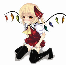 Rule 34 | 1girl, blonde hair, blush, dress, female focus, flandre scarlet, full body, moccy, panties, ponytail, ribbon, short hair, solo, thighhighs, touhou, underwear, white background, wings