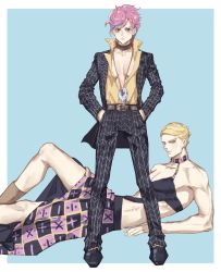 Rule 34 | 1boy, 1girl, bare shoulders, blonde hair, blue eyes, boots, breasts, cleavage, cosplay, costume switch, formal, jewelry, jojo no kimyou na bouken, leaning, magatama, magatama necklace, midriff, necklace, pink hair, plunging neckline, prosciutto, prosciutto (cosplay), shirt, short hair, skirt, suit, trish una, trish una (cosplay), vento aureo, yellow shirt, yepnean