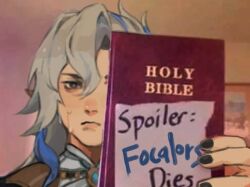 Rule 34 | 1boy, bible (object), black nails, blue eyes, book, commentary, english commentary, genshin impact, grey hair, holding, holding book, long hair, lowres, male focus, nail polish, neuvillette (genshin impact), solo, spoilers, xivahtune
