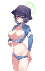 Rule 34 | 1girl, absurdres, bikini, bikini bottom only, black hat, blue archive, blue bikini, blue eyes, breasts, cleavage, closed mouth, cropped jacket, gawa1517025, halo, hat, highres, jacket, large breasts, long sleeves, purple hair, saki (blue archive), saki (swimsuit) (blue archive), short hair, simple background, solo, swimsuit, wet, white background