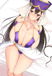 Rule 34 | 1girl, bed, breasts squeezed together, breasts, brown hair, fate/grand order, fate (series), huge breasts, long hair, looking at viewer, noeomi, pink eyes, sitting, smile, solo, thigh gap, thighs, very long hair, xuangzang sanzang (fate)