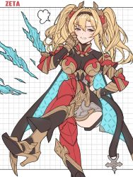 Rule 34 | 1girl, angry, armor, black legwear, blonde hair, blue eyes, blush, breasts, character name, crossed legs, elbow gloves, gauntlets, gloves, granblue fantasy, grid background, hair ornament, hairband, high heels, highres, ll 0109, long hair, looking at viewer, solo, twintails, zeta (granblue fantasy)