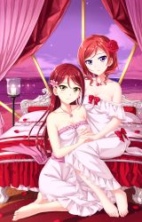 Rule 34 | 10s, 2girls, bare shoulders, barefoot, bed, blush, breasts, candle, cleavage, collarbone, dress, feet, female focus, flower, hair flower, hair ornament, highres, holding hands, in-franchise crossover, interlocked fingers, jewelry, lamp, light smile, long hair, looking at viewer, love live!, love live! school idol project, love live! sunshine!!, medium breasts, multiple girls, neck, necklace, nishikino maki, on bed, on floor, petals, purple eyes, red hair, sakurauchi riko, short hair, sitting, smile, strapless, strapless dress, toes, tucana, white dress, window, yellow eyes, yokozuwari, yuri