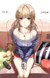 Rule 34 | 1girl, blue sweater, breasts, brown eyes, brown hair, can, cleavage, collarbone, commentary, controller, couch, dolphin shorts, english commentary, english text, from above, hair ornament, hairclip, heart, heart-shaped pillow, highres, holding, holding can, jewelry, kim eb, long hair, long sleeves, looking at viewer, low twintails, medium breasts, mole, mole on breast, necklace, off-shoulder sweater, off shoulder, on couch, original, pillow, red shorts, remote control, short shorts, shorts, sitting, solo, stuffed animal, stuffed toy, sweater, teddy bear, thighs, twintails, v arms, white background
