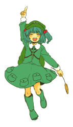 Rule 34 | 1girl, :d, blue hair, boots, cattail, closed eyes, female focus, full body, hair bobbles, hair ornament, hat, kawashiro nitori, key, meeko, open mouth, plant, rubber boots, short hair, simple background, skirt, smile, solo, touhou, twintails, two side up, white background