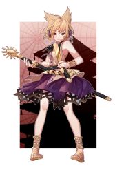 Rule 34 | 1girl, anklet, bare arms, bare shoulders, belt, black belt, blonde hair, blouse, bracelet, commentary request, earmuffs, feet, full body, highres, holding, holding sword, holding weapon, jewelry, looking at viewer, pointy ears, purple skirt, ritual baton, sandals, scabbard, sheath, sheathed, shirt, short hair, skirt, sleeveless, sleeveless shirt, smile, solo, standing, sword, toes, touhou, toyosatomimi no miko, weapon, white background, yellow eyes, yellow footwear, yilocity