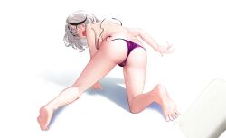 Rule 34 | 1girl, @ @, absurdres, all fours, ass, bikini, black hair, breasts, butt crack, commentary request, from behind, full body, grey hair, hair ornament, highres, hololive, kneepits, large breasts, looking at viewer, looking back, medium hair, multicolored hair, open mouth, purple bikini, red eyes, red nails, sakamata chloe, sideboob, simple background, soap, solo, stoner08, strap slip, streaked hair, swimsuit, untied bikini, virtual youtuber, wet, white background, x hair ornament