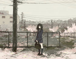 Rule 34 | 1girl, bad id, bad pixiv id, bag, black hair, chain-link fence, cherry blossoms, city, cityscape, fence, hanno, head tilt, lamppost, long hair, looking at viewer, original, petals, power lines, school uniform, skirt, skyline, smile, solo, standing, v arms, wind