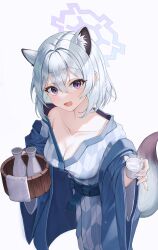 Rule 34 | 1girl, :d, animal ear fluff, animal ears, blue archive, breasts, choko (cup), cleavage, collarbone, commentary request, cup, grey background, grey hair, hair between eyes, halo, highres, holding, holding cup, japanese clothes, kimono, long sleeves, looking at viewer, medium breasts, off shoulder, omul, open mouth, print kimono, purple eyes, shigure (blue archive), shigure (hot spring) (blue archive), simple background, smile, solo, tail, tokkuri, wide sleeves, yagasuri