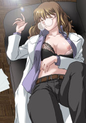 Rule 34 | 1girl, belt, bra, breast slip, breasts, brown hair, camussteed, cleavage, closed eyes, glasses, indoors, lab coat, large breasts, lens flare, long hair, mature female, nipples, open clothes, open shirt, pants, shirt, sleeping, solo, teacher, unconscious, underwear, undressing