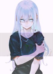 1girl aqua_eyes black_shirt blue_hair closed_mouth collarbone hair_between_eyes hand_on_own_arm harutask highres light_blue_hair logo long_hair looking_at_viewer monster_energy original pale_skin shirt short_sleeves simple_background solo t-shirt upper_body very_long_hair