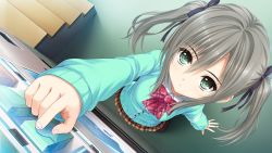 Rule 34 | 1girl, bow, bowtie, breasts, from above, game cg, green eyes, grey hair, imei fumika, long hair, looking at viewer, norita, school uniform, semiramis no tenbin, serious, skirt, small breasts, solo, stairs, standing, twintails, vending machine