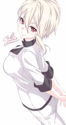 Rule 34 | 1girl, arms behind back, chef, dated, hair between eyes, highres, looking at viewer, nakiri alice, red eyes, remon17717, shokugeki no souma, short hair, signature, simple background, smile, solo, white background, white hair