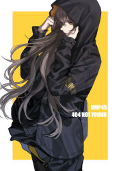 Rule 34 | 1girl, 404 (girls&#039; frontline), black jacket, black pantyhose, black skirt, brown hair, character name, chinese commentary, cowboy shot, english text, expressionless, girls&#039; frontline, highres, holding hood, hood, hooded jacket, inset border, jacket, long hair, mik blamike, pantyhose, parted lips, skirt, solo, two-tone background, ump45 (girls&#039; frontline), white background, yellow background, yellow eyes