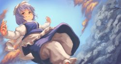 Rule 34 | 1girl, absurdres, blue skirt, day, dutch angle, feet out of frame, fujimi nao, grey hair, hat, highres, huge filesize, letty whiterock, light smile, long sleeves, looking at viewer, outdoors, scarf, grey eyes, skirt, touhou, white headwear, white scarf, winter