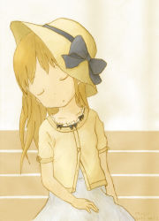 Rule 34 | 1girl, :o, ana coppola, artist name, beige background, bench, black bow, blonde hair, bow, brown hat, brown jacket, buttons, child, closed eyes, cowboy shot, cropped jacket, dated, frills, grey skirt, hand on leg, hat, hat bow, head tilt, high-waist skirt, ichigo mashimaro, jacket, long hair, parted lips, short sleeves, simple background, sitting, skirt, sleeping, sleeping upright, solo, upper body