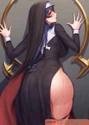 Rule 34 | 1girl, against wall, ass, breasts, brown eyes, from behind, gonster, habit, highres, korean commentary, large breasts, last origin, long hair, looking back, nun, open mouth, original, purple hair, robe, side slit, solo, sweat, thighs, veil, veronica type-asc