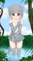 Rule 34 | 10s, 1girl, animal ears, bare shoulders, blue sky, blush, breasts, cleavage, cloud, cosplay, day, elbow gloves, fingerless gloves, fur collar, gloves, grey eyes, grey gloves, grey hair, grey one-piece swimsuit, grey thighhighs, hair between eyes, kemono friends, looking at viewer, medium breasts, one-piece swimsuit, otter ears, otter girl, otter tail, outdoors, parody, parted lips, sky, slow start, small-clawed otter (kemono friends), solo, standing, style parody, swimsuit, tail, thighhighs, twitter username, voice actor connection, wading, water, wet, wet clothes, youjo climber