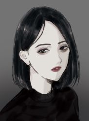 Rule 34 | 1girl, bad id, bad twitter id, black eyes, black hair, black skirt, commentary request, eyelashes, gradient background, grey background, grey theme, highres, kuromitsu, looking at viewer, mole, mole under eye, original, parted bangs, portrait, red lips, short hair, skirt, solo