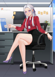Rule 34 | 1girl, alternate breast size, alternate costume, blush, breasts, chair, chungmechanic, collared shirt, contemporary, cup, edelgard von hresvelg, female focus, fire emblem, fire emblem: three houses, fire emblem heroes, formal, gloves, hair ornament, high heels, highres, holding, holding cup, large breasts, long hair, looking at viewer, mature female, nintendo, office lady, pencil skirt, purple eyes, ribbon, shirt, simple background, sitting, skirt, skirt suit, solo, suit, white hair