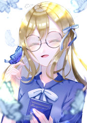 Rule 34 | 1girl, absurdres, artist name, artist request, blue bow, blue butterfly, blue dress, blush, book, bow, breasts, brown hair, bug, butterfly, butterfly on hand, buttons, close-up, closed eyes, dress, female focus, floating hair, frilled sleeves, frills, glasses, hair between eyes, hair bow, highres, holding, holding book, insect, kunikida hanamaru, light brown hair, long hair, long sleeves, looking at viewer, love live!, love live! school idol festival, love live! sunshine!!, mitaiken horizon, mitaiken horizon (love live!), nail, nail polish, parted lips, pink nails, plaid, plaid dress, pleated, pleated dress, ribbon, small breasts, smile, solo, striped bow, striped ribbon, upper body, wavy hair, white background, white bow, white ribbon