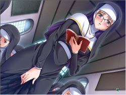 Rule 34 | 1girl, belt, black dress, blonde hair, blush, book, breasts, dress, drooling, female focus, glasses, habit, hat, holding, holding book, indoors, jewelry, long sleeves, necklace, nun, open book, open mouth, peeing, peeing self, reading, saliva, semi-rimless eyewear, solo focus, tears, window
