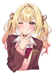 Rule 34 | 1girl, absurdres, ahoge, black choker, blazer, blonde hair, blush, bow, bowtie, brown jacket, cardigan, choker, collared shirt, commentary, cropped torso, earrings, grin, hair ribbon, highres, hoshikawa sara, hoshikawa sara (4th costume), jacket, jewelry, kurokin, lapel pin, lapels, long hair, long sleeves, looking at viewer, nijisanji, one eye closed, open clothes, open jacket, pink cardigan, red bow, red bowtie, red eyes, red ribbon, ribbon, school uniform, shirt, simple background, smile, solo, star (symbol), symbol-only commentary, twintails, upper body, v, v over mouth, virtual youtuber, white background, white shirt