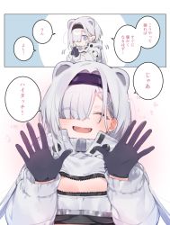 Rule 34 | 1girl, akagashi hagane, animal ears, arknights, aurora (arknights), bear ears, black gloves, black hairband, black shirt, blue eyes, breasts, check translation, closed eyes, coat, commentary request, facing viewer, gloves, green background, grey coat, grey hair, hair over one eye, hairband, hands up, long hair, long sleeves, medium breasts, open mouth, pink background, shirt, smile, translation request, upper body, white background, winter clothes, winter coat
