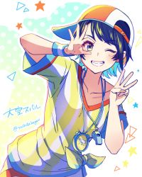 Rule 34 | 1girl, ;), baseball cap, black hair, blue hair, character name, colored inner hair, commentary request, grin, hands up, hat, highres, hololive, looking at viewer, multicolored hair, ok sign, ok sign over eye, one eye closed, oozora subaru, oozora subaru (1st costume), shirt, short hair, short shorts, short sleeves, shorts, sideways hat, smile, solo, stopwatch, stopwatch around neck, striped clothes, striped shirt, sushida hayari, twitter username, upper body, vertical-striped clothes, vertical-striped shirt, virtual youtuber, w, watch, whistle, whistle around neck, white shorts, wristband