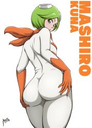 Rule 34 | 1girl, ass, bleach, blush, bodysuit, breasts, brown eyes, green hair, highres, kuna mashiro, looking at viewer, looking back, mistowing, small breasts, solo