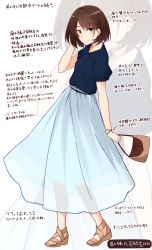 Rule 34 | 1girl, absurdres, bag, blue shirt, blue skirt, blush, bob cut, breasts, brown eyes, brown footwear, brown hair, closed mouth, commentary request, earrings, hand up, handbag, highres, holding, holding bag, jewelry, kapatarou, original, pendant, sandals, see-through, shirt, short sleeves, skirt, small breasts, smile, solo, toenails, translation request, watch, white background, wristwatch, zoom layer