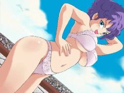 Rule 34 | 1girl, animated, animated gif, audience, blinking, blue eyes, blush, bouncing breasts, bra, breasts, cleavage, cloud, cowboy shot, dragon ball, dutch angle, hand on own hip, large breasts, lingerie, looking at viewer, lowres, mole, mole under eye, navel, outdoors, panties, pink bra, pink panties, purple hair, ranfan, short hair, sky, smile, solo, trinitron cg, underboob, underwear, underwear only