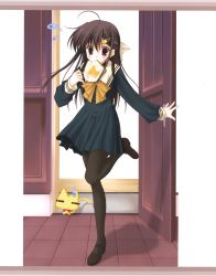 Rule 34 | 1girl, = =, absurdres, antenna hair, black skirt, blush, bow, bowtie, bread slice, brown eyes, brown hair, door, food, food in mouth, hair ornament, hairclip, highres, late for school, leg up, long sleeves, looking at viewer, mouth hold, nanao naru, pantyhose, ribbon, school uniform, skirt, solo, standing, standing on one leg, sweatdrop, tareme, toast, toast in mouth, yellow bow, yellow bowtie